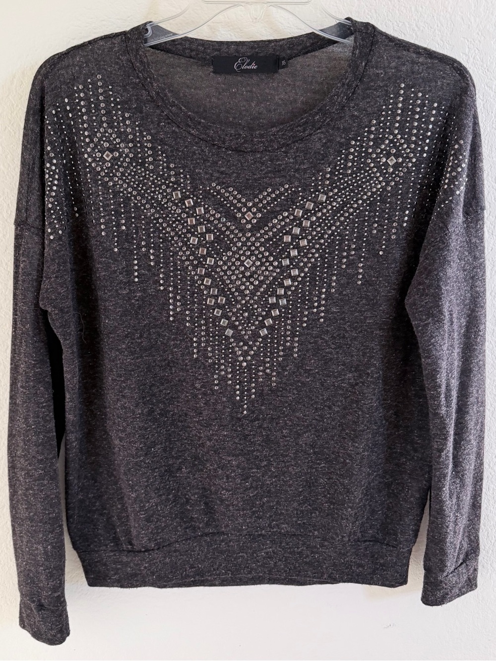 ✨ Elodie Charcoal Gray Light Sweater with Silver Rhinestone V-Design (Size S)